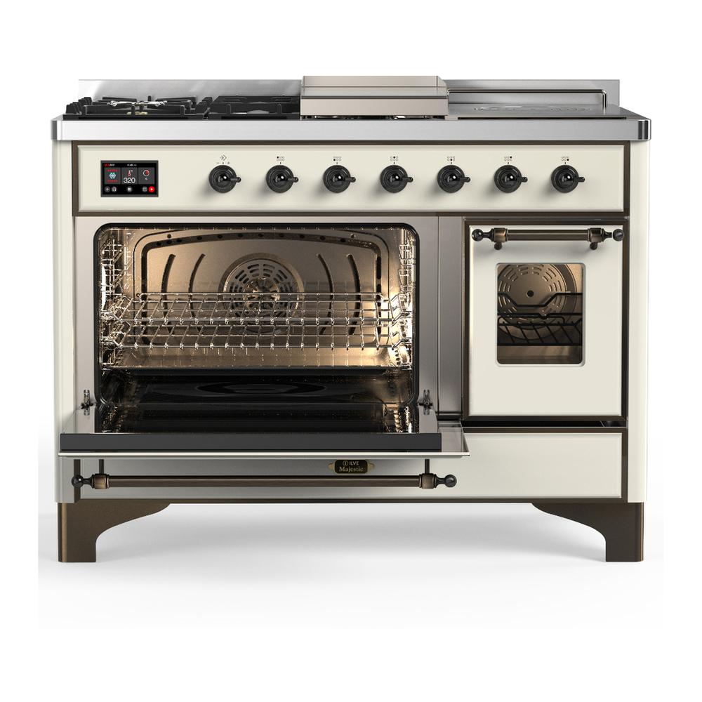 ILVE UM48FSNR3AWB Majestic III 48 inch Dual Fuel Range with 5 Black Brass Burners, Griddle and French Top, Dual Function Burner up to 25,000 BTU (Natural Gas, Triple Glass Door, Antique White, Burnished)