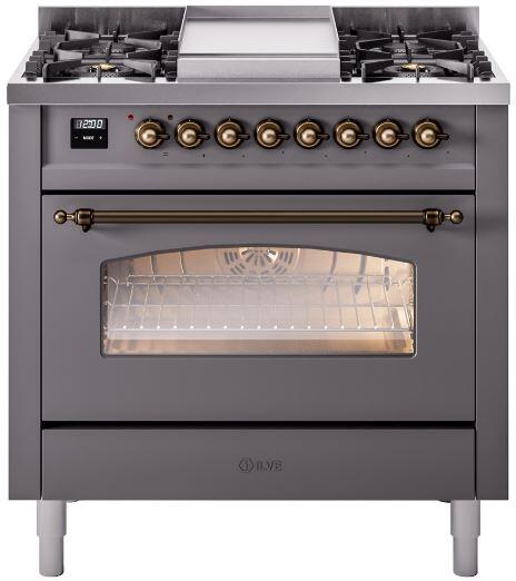 Nostalgie II 36 Inch Dual Fuel Natural Gas Freestanding Range in Matte Graphite with Bronze Trim