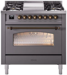 Nostalgie II 36 Inch Dual Fuel Natural Gas Freestanding Range in Matte Graphite with Bronze Trim