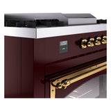ILVE UN60FSNMPBUGLP Nostalgie II Noblesse 60 inch Dual Fuel Range (7 Sealed Burners + Griddle + French Top, Liquid Propane, Triple Glass Door, Burgundy, Brass)