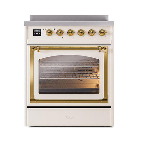 ILVE UNI304NMPAWG Nostalgie II Noblesse 30 inch Induction Range (Triple Glass Door, Antique White, Brass)