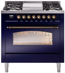 Nostalgie II 36 Inch Dual Fuel Natural Gas Freestanding Range in Blue with Bronze Trim