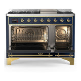 ILVE UM48FQNR3MBG Majestic III 48 inch Dual Fuel Range with 8 Burners and Griddle, Dual Function Burner up to 25,000 BTU (Natural Gas, Solid Door, Midnight Blue, Brass)