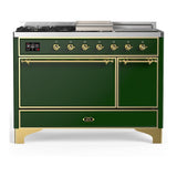 ILVE UM48FSQNR3EGGLP Majestic III 48 inch Dual Fuel Range with 5 Black Brass Burners, Griddle and French Top, Dual Function Burner up to 25,000 BTU (Liquid Propane, Solid Door, Emerald Green, Brass)