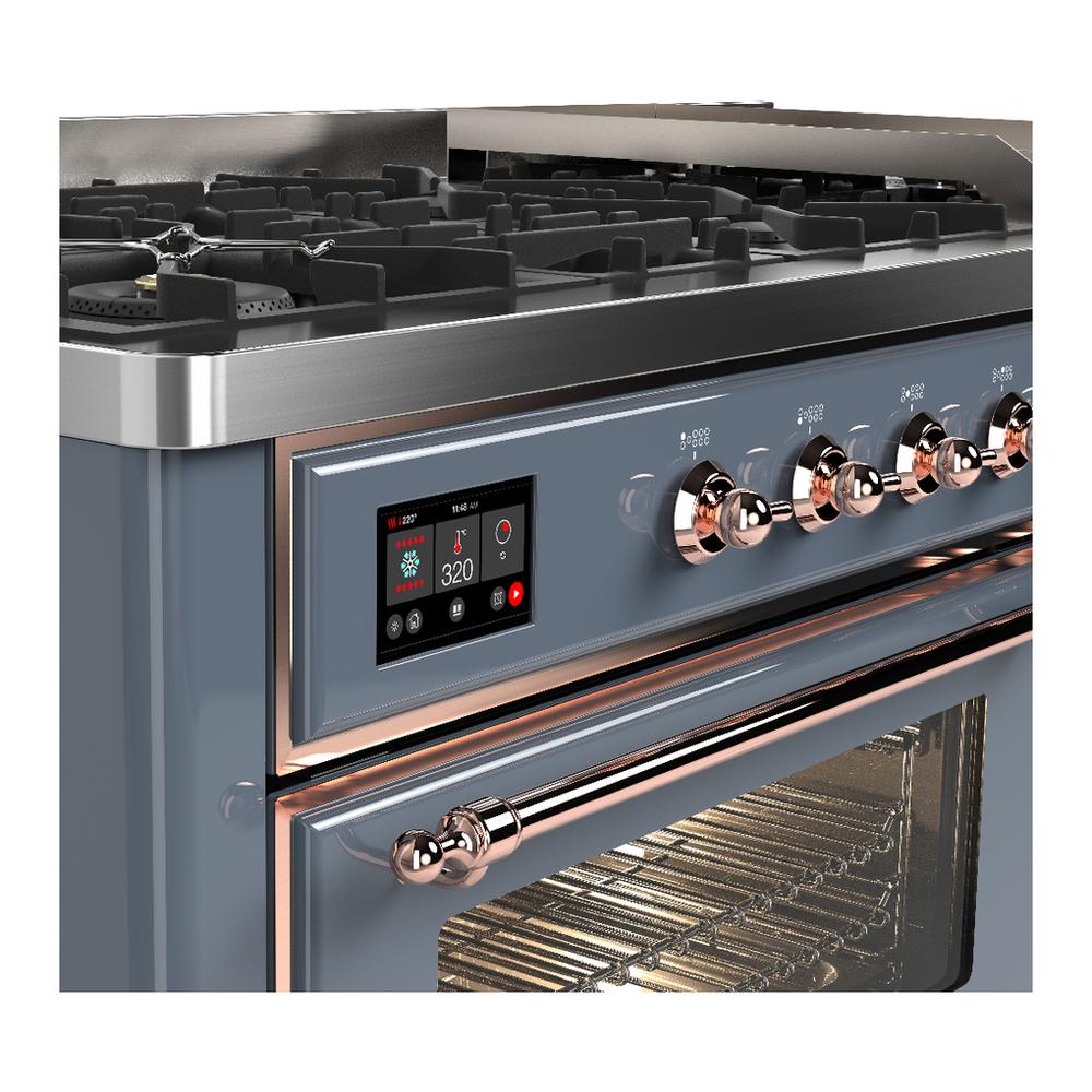 ILVE UM60FNR3BGPLP Majestic III 60 inch Dual Fuel Range with 9 Burners and Griddle, Dual Function Burner up to 25,000 BTU (Liquid Propane, Triple Glass Door, Blue Grey, Copper)
