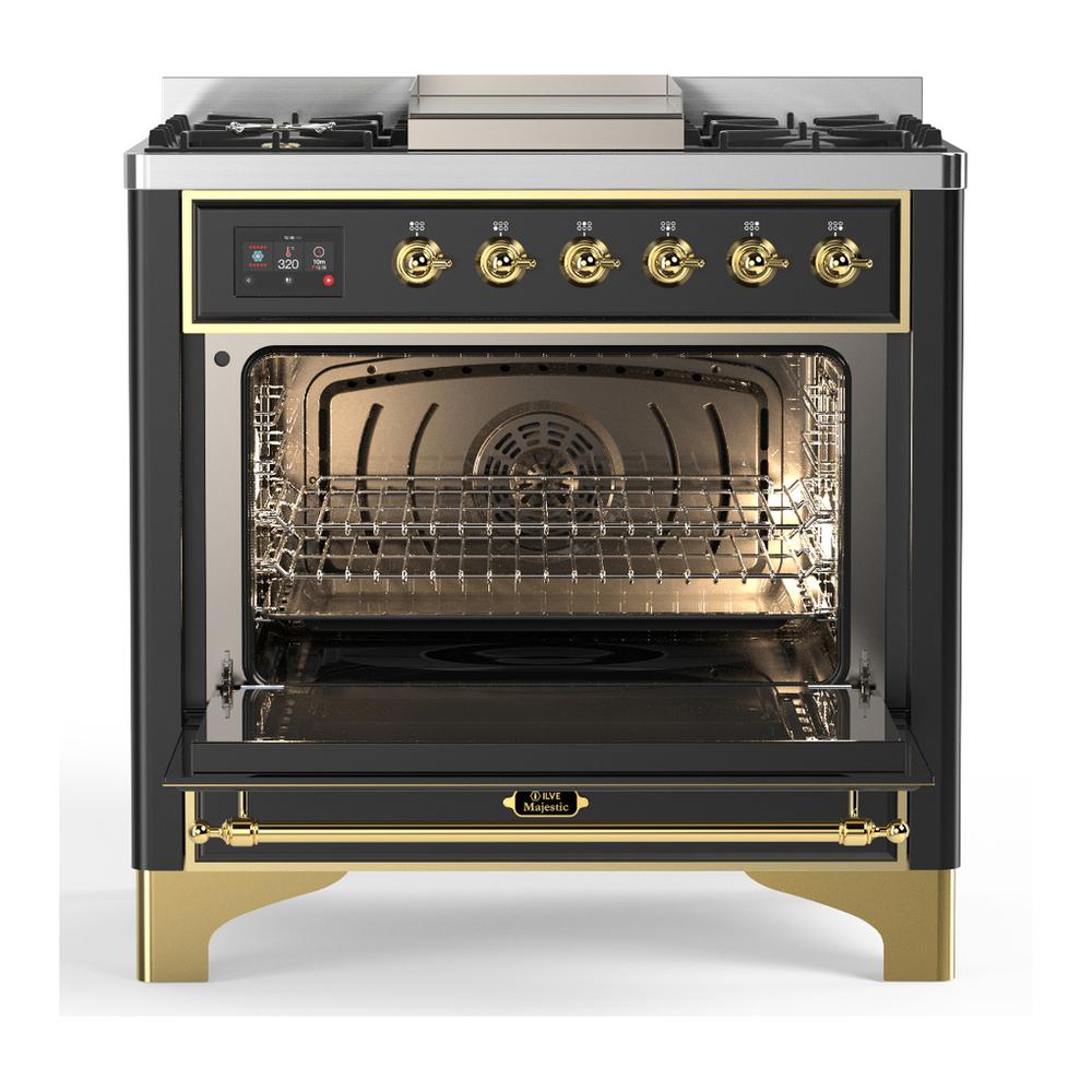 ILVE UM36FNR3MGGLP Majestic III 36 inch Dual Fuel Range with 6 Black Brass Burners and Griddle, Dual Function Burner up to 25,000 BTU (Triple Glass Door, Graphite Matte, Brass, Liquid Propane)