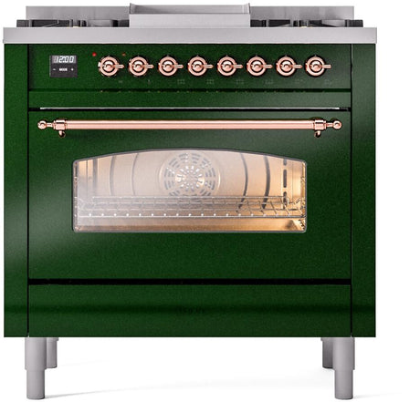 Nostalgie II 36 Inch Dual Fuel Natural Gas Freestanding Range in Emerald Green with Copper Trim