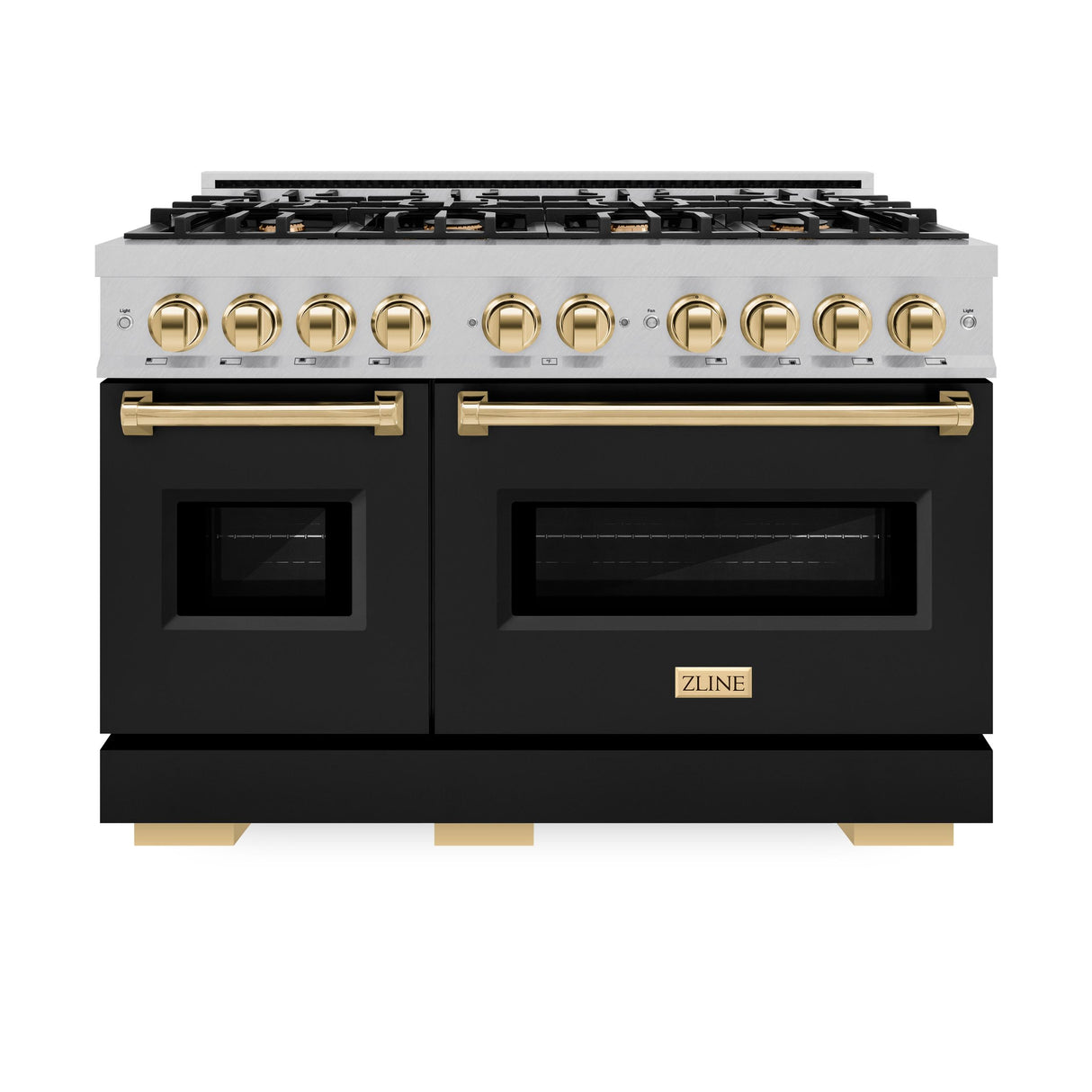 ZLINE Autograph Edition 48 in. 6.7 cu. ft. Classic Double Oven Dual Fuel Range with 8 Burner Gas Cooktop in DuraSnow' Stainless Steel with Black Matte Doors and Polished Gold Accents (CDRSZ-BLM-48-G)