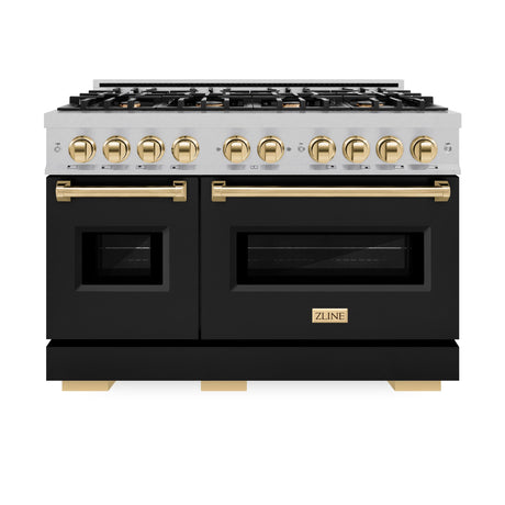ZLINE Autograph Edition 48 in. 6.7 cu. ft. Classic Double Oven Dual Fuel Range with 8 Burner Gas Cooktop in DuraSnow' Stainless Steel with Black Matte Doors and Polished Gold Accents (CDRSZ-BLM-48-G)