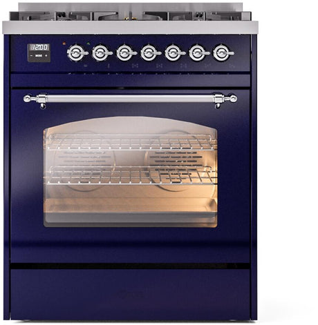 Nostalgie II 30 Inch Dual Fuel Natural Gas Freestanding Range in Blue with Chrome Trim