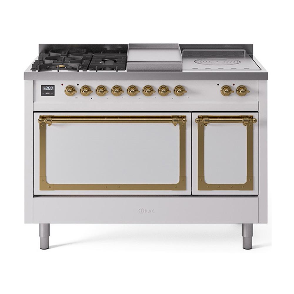 ILVE UN48FSQNMPWHGLP Nostalgie II Noblesse 48 inch Dual Fuel Range (5 Sealed Burners + Griddle + French Top, Liquid Propane, Solid Door, White, Brass)