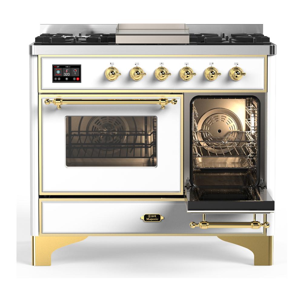 ILVE UMD40FNR3WHG Majestic III 40 inch Dual Fuel Range with 6 Burners and Griddle, Dual Function Burner up to 25,000 BTU (Natural Gas, Triple Glass Door, White, Brass)