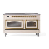 ILVE UN60FNMPAWGLP Nostalgie II Noblesse 60 inch Dual Fuel Range (9 Sealed Burners + Griddle, Liquid Propane, Triple Glass Door, Antique White, Brass)