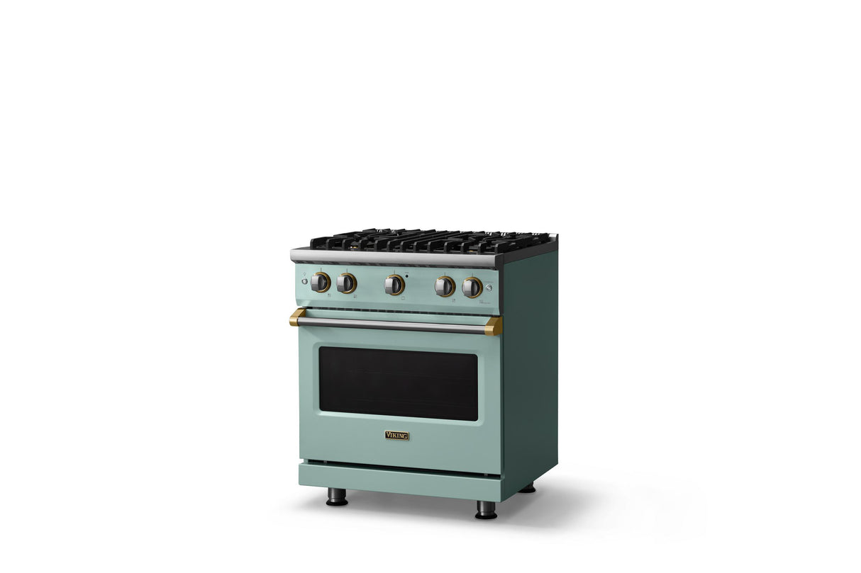 30"W. Sealed Burner Gas Range (Finish: Splash, Trim: Brushed Brass, Fuel: Natural Gas)