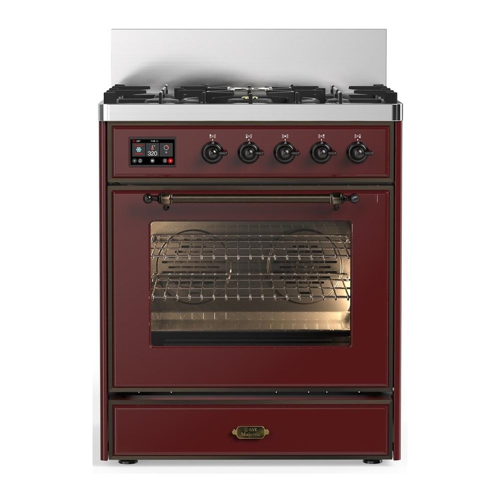 ILVE UM30NR3BUB Majestic III 30 inch Dual Fuel Range with 5 Black Brass Burners, Dual Function Burner up to 25,000 BTU (Natural Gas, Triple Glass Door, Burgundy, Burnished)