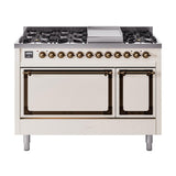 ILVE UN48FQNMPAWB Nostalgie II Noblesse 48 inch Dual Fuel Range (8 Sealed Burners + Griddle, Natural Gas, Solid Door, Antique White, Burnished)