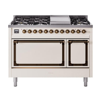 ILVE UN48FQNMPAWB Nostalgie II Noblesse 48 inch Dual Fuel Range (8 Sealed Burners + Griddle, Natural Gas, Solid Door, Antique White, Burnished)
