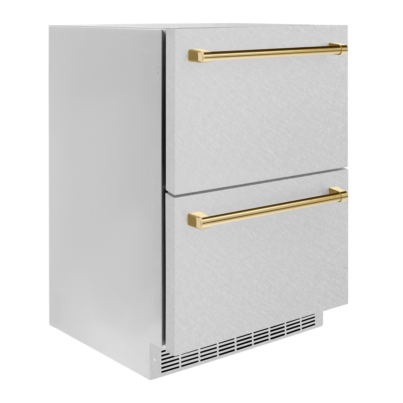 ZLINE Autograph Edition 24 in. Touchstone 168 Can Outdoor-Rated Dual Refrigerator Drawer with DuraSnow' Stainless Steel Doors and Polished Gold Handles (RDSOZ-SN-24-G)