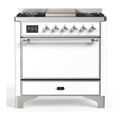 ILVE UM36FQNR3WHC Majestic III 36 inch Dual Fuel Range with 6 Black Brass Burners and Griddle, Dual Function Burner up to 25,000 BTU (Solid Door, White, Chrome, Natural Gas)