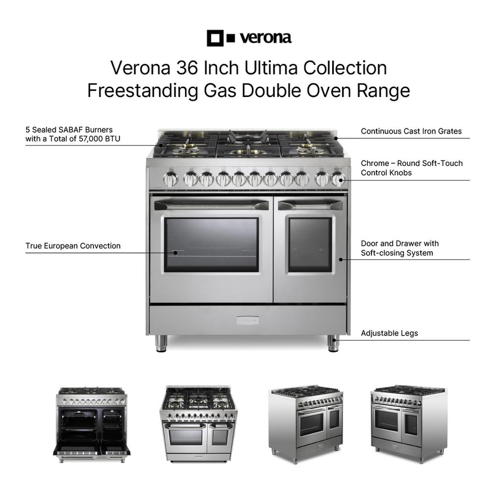 Verona VUFSGG365DSS 36 inch Ultima Collection Double Oven Gas Range with 5 Brass Burners, 4.1 cu. ft. Oven Total Capacity