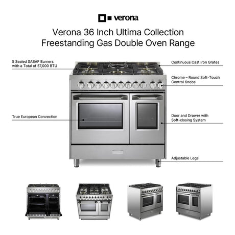 Verona VUFSGG365DSS 36 inch Ultima Collection Double Oven Gas Range with 5 Brass Burners, 4.1 cu. ft. Oven Total Capacity
