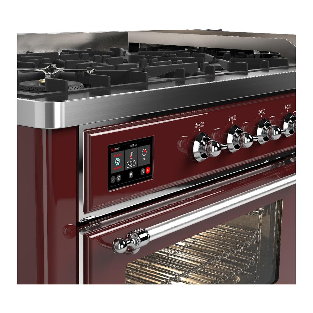 ILVE UM60FNR3BUCLP Majestic III 60 inch Dual Fuel Range with 9 Burners and Griddle, Dual Function Burner up to 25,000 BTU (Liquid Propane, Triple Glass Door, Burgundy, Chrome)