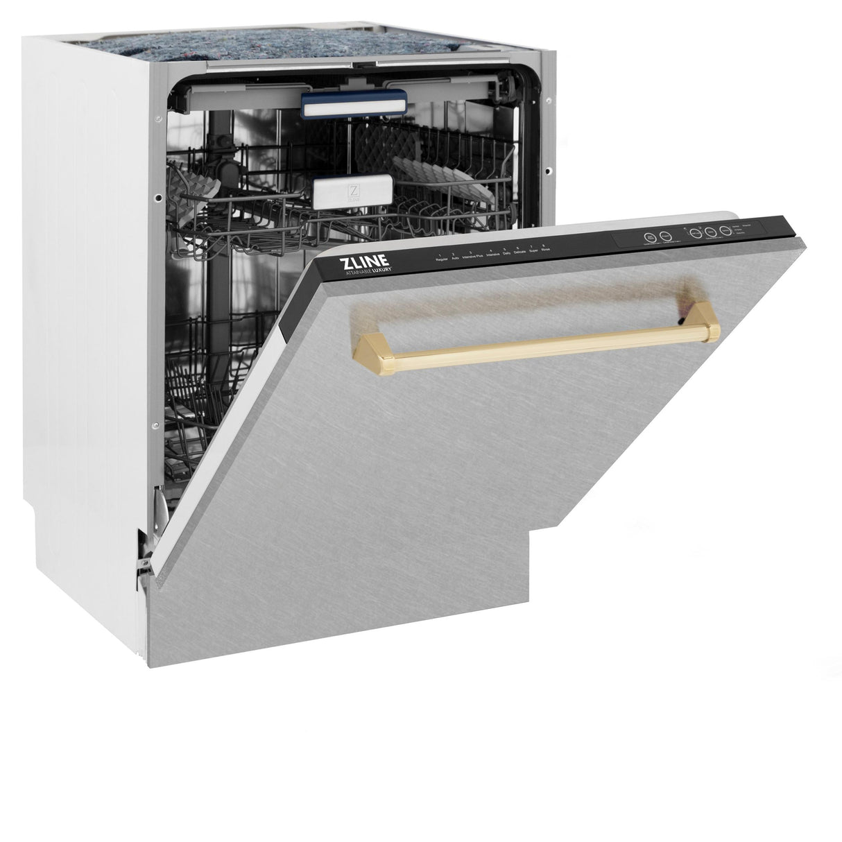 ZLINE Autograph Edition 24" 3rd Rack Top Control Tall Tub Dishwasher in DuraSnow Stainless Steel with Accent Handle, 51dBa (DWVZ-SN-24) [Color: Gold]