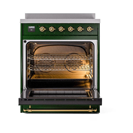 ILVE UNI304QNMPEGG Nostalgie II Noblesse 30 inch Induction Range (Solid Door, Emerald Green, Brass)