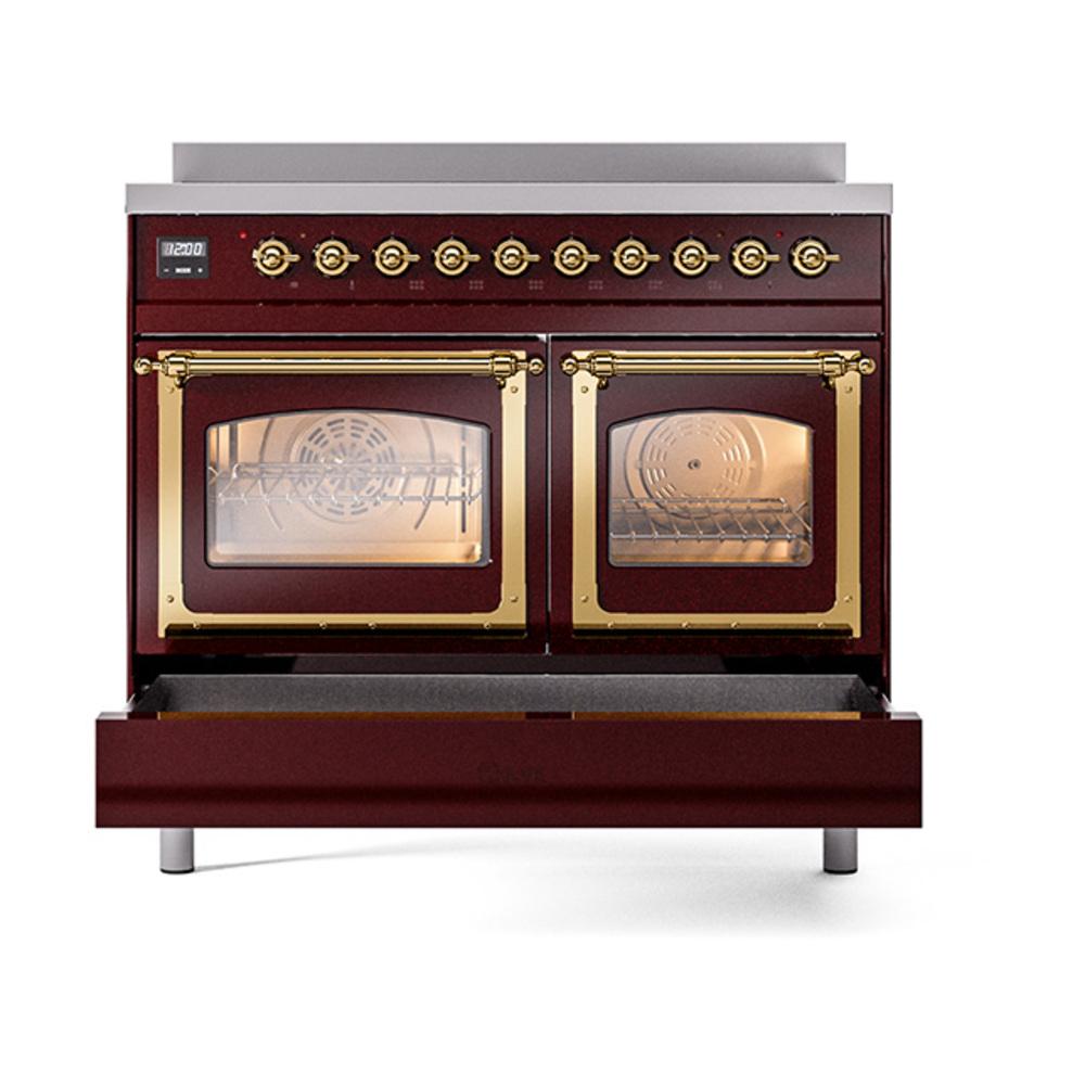 ILVE UNDI406NMPBUG Nostalgie II Noblesse 40 inch Induction Range (Triple Glass Door, Burgundy, Brass)