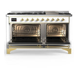 ILVE UM60FNR3WHGLP Majestic III 60 inch Dual Fuel Range with 9 Burners and Griddle, Dual Function Burner up to 25,000 BTU (Liquid Propane, Triple Glass Door, White, Brass)