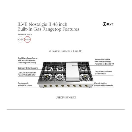 ILVE UHCP48FNSSP Nostalgie II 48 inch Built-In Gas Rangetop with Griddle, in Stainless Steel (Natural Gas, Copper)
