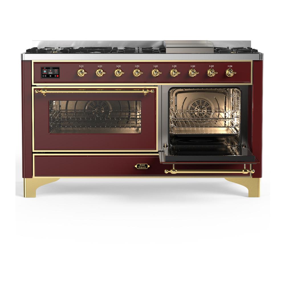 ILVE UM60FNR3BUG Majestic III 60 inch Dual Fuel Range with 9 Burners and Griddle, Dual Function Burner up to 25,000 BTU (Natural Gas, Triple Glass Door, Burgundy, Brass)