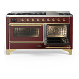 ILVE UM60FNR3BUG Majestic III 60 inch Dual Fuel Range with 9 Burners and Griddle, Dual Function Burner up to 25,000 BTU (Natural Gas, Triple Glass Door, Burgundy, Brass)
