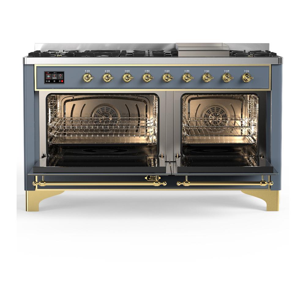 ILVE UM60FQNR3BGGLP Majestic III 60 inch Dual Fuel Range with 9 Burners and Griddle, Dual Function Burner up to 25,000 BTU (Liquid Propane, Solid Door, Blue Grey, Brass)