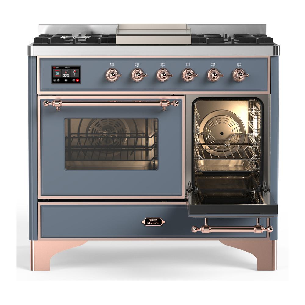 ILVE UMD40FNR3BGPLP Majestic III 40 inch Dual Fuel Range with 6 Burners and Griddle, Dual Function Burner up to 25,000 BTU (Liquid Propane, Triple Glass Door, Blue Grey, Copper)