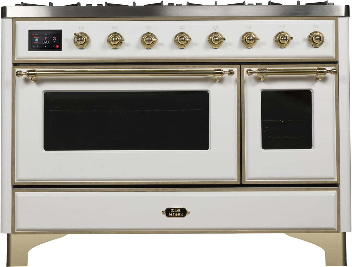 Majestic II 48 Inch Dual Fuel Liquid Propane Freestanding Range in White with Brass Trim
