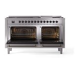 ILVE UN60FQNMPSSBLP Nostalgie II Noblesse 60 inch Dual Fuel Range (9 Sealed Burners + Griddle, Liquid Propane, Solid Door, Stainless Steel, Burnished)