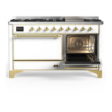 ILVE UM60FQNR3WHG Majestic III 60 inch Dual Fuel Range with 9 Burners and Griddle, Dual Function Burner up to 25,000 BTU (Natural Gas, Solid Door, White, Brass)