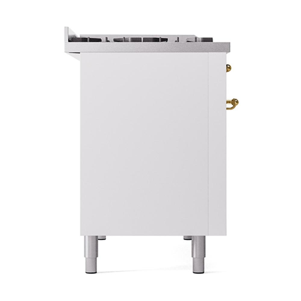 ILVE UN48FQNMPWHGLP Nostalgie II Noblesse 48 inch Dual Fuel Range (8 Sealed Burners + Griddle, Liquid Propane, Solid Door, White, Brass)