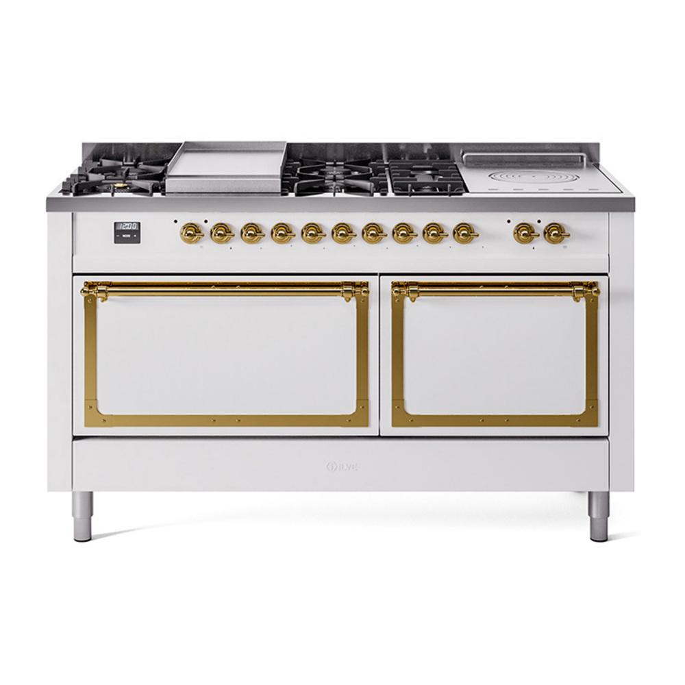 ILVE UN60FSQNMPWHGLP Nostalgie II Noblesse 60 inch Dual Fuel Range (7 Sealed Burners + Griddle + French Top, Liquid Propane, Solid Door, White, Brass)