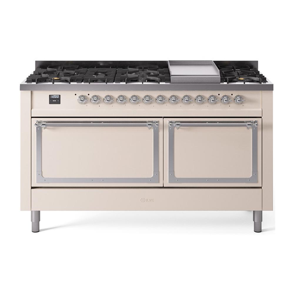 ILVE UN60FQNMPAWC Nostalgie II Noblesse 60 inch Dual Fuel Range (9 Sealed Burners + Griddle, Natural Gas, Solid Door, Antique White, Chrome)
