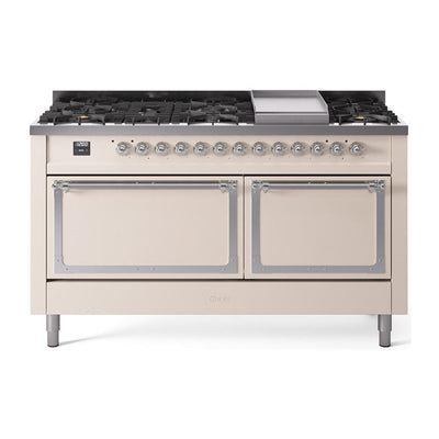 ILVE UN60FQNMPAWC Nostalgie II Noblesse 60 inch Dual Fuel Range (9 Sealed Burners + Griddle, Natural Gas, Solid Door, Antique White, Chrome)