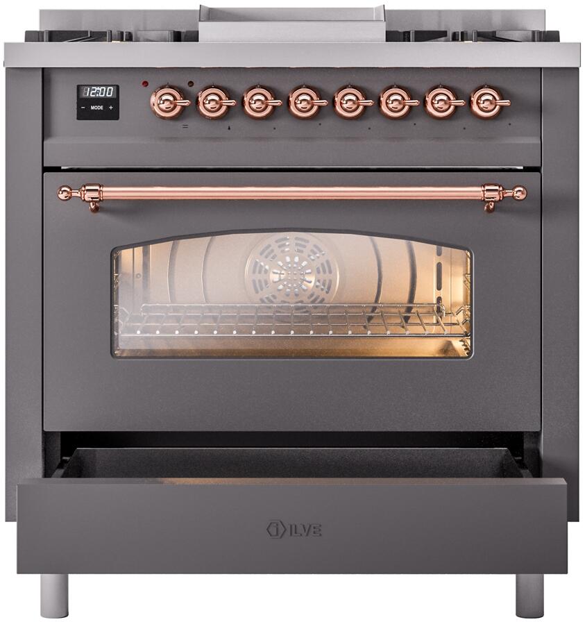 Nostalgie II 36 Inch Dual Fuel Liquid Propane Freestanding Range in Matte Graphite with Copper Trim