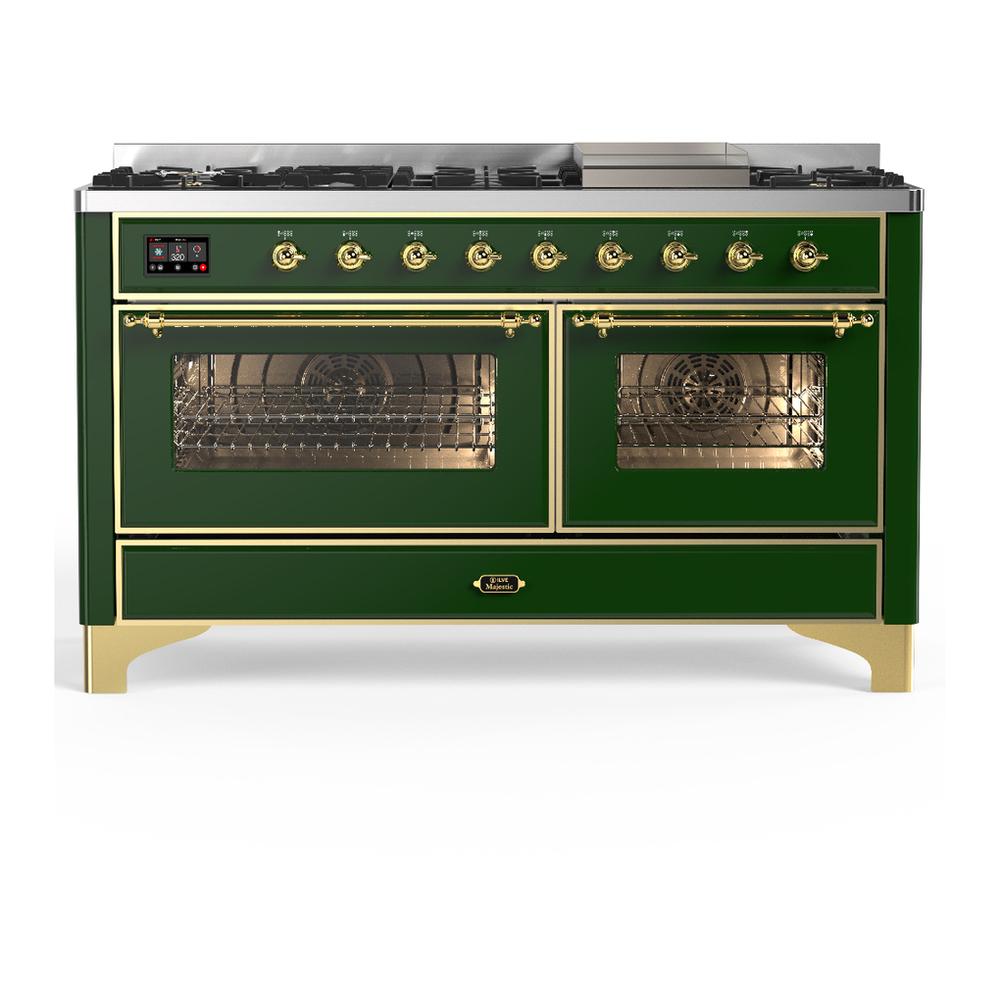 ILVE UM60FNR3EGG Majestic III 60 inch Dual Fuel Range with 9 Burners and Griddle, Dual Function Burner up to 25,000 BTU (Natural Gas, Triple Glass Door, Emerald Green, Brass)
