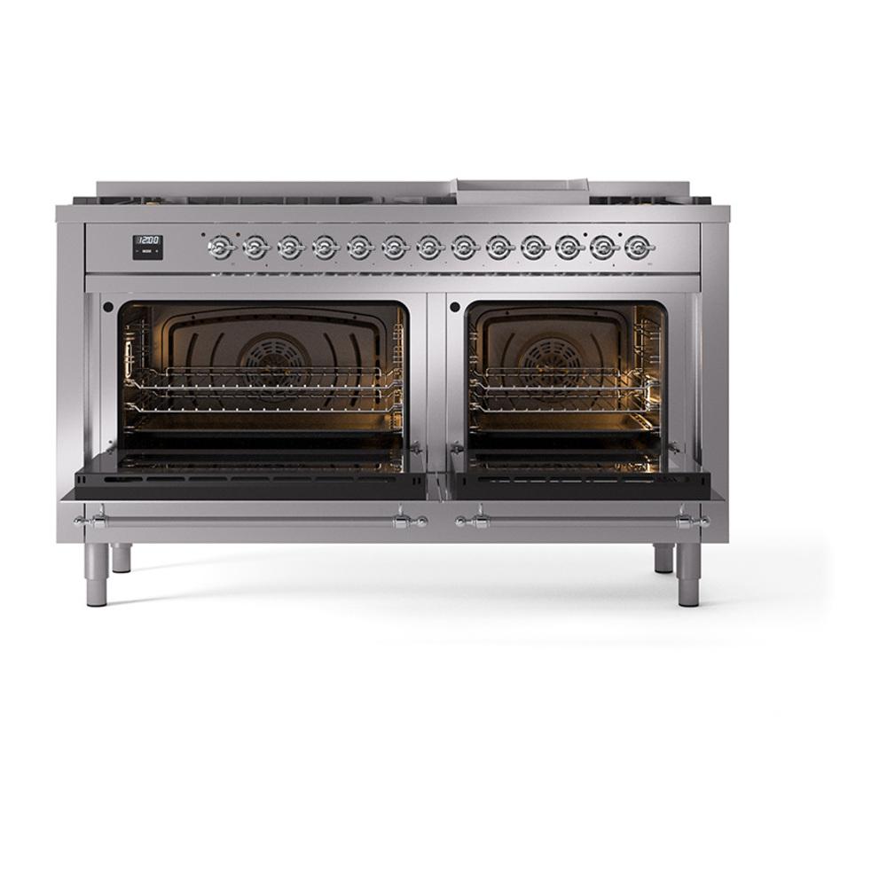 ILVE UN60FQNMPSSCLP Nostalgie II Noblesse 60 inch Dual Fuel Range (9 Sealed Burners + Griddle, Liquid Propane, Solid Door, Stainless Steel, Chrome)