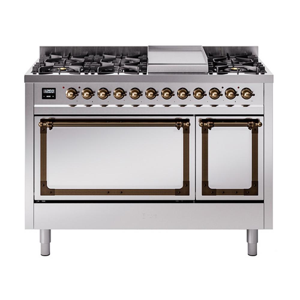 ILVE UN48FQNMPSSBLP Nostalgie II Noblesse 48 inch Dual Fuel Range (8 Sealed Burners + Griddle, Liquid Propane, Solid Door, Stainless Steel, Burnished)