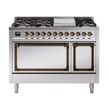 ILVE UN48FQNMPSSBLP Nostalgie II Noblesse 48 inch Dual Fuel Range (8 Sealed Burners + Griddle, Liquid Propane, Solid Door, Stainless Steel, Burnished)