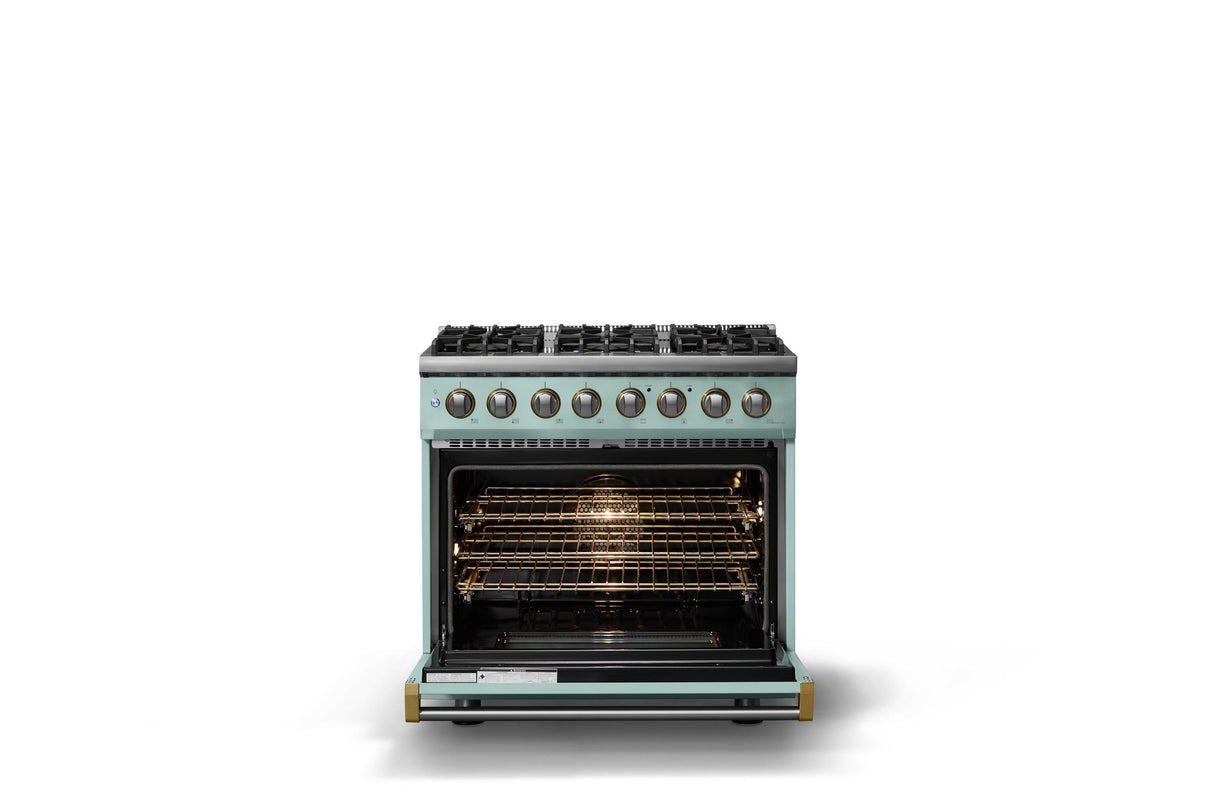36"W. Dual Fuel Range (Burner: 6b, Finish: Splash, Trim: Polished Chrome, Fuel: Propane)