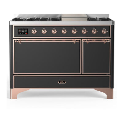ILVE UM48FQNR3MGP Majestic III 48 inch Dual Fuel Range with 8 Burners and Griddle, Dual Function Burner up to 25,000 BTU (Natural Gas, Solid Door, Graphite Matte, Copper)