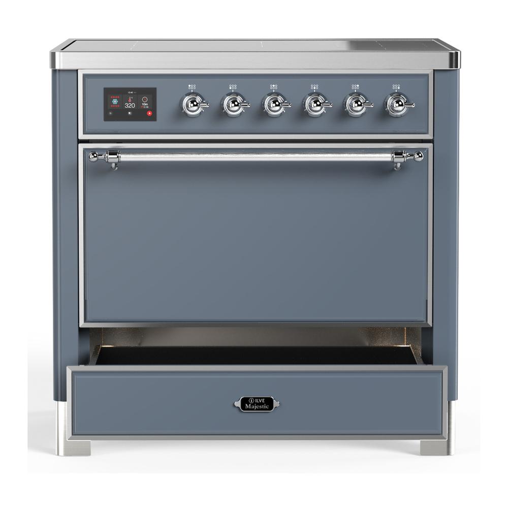 ILVE UMIB36QNR3BGC Majestic III 36 inch Induction Range with 6 Elements, 3.5 cu. ft. Total Oven Capacity (Solid Door, Blue Grey, Chrome)